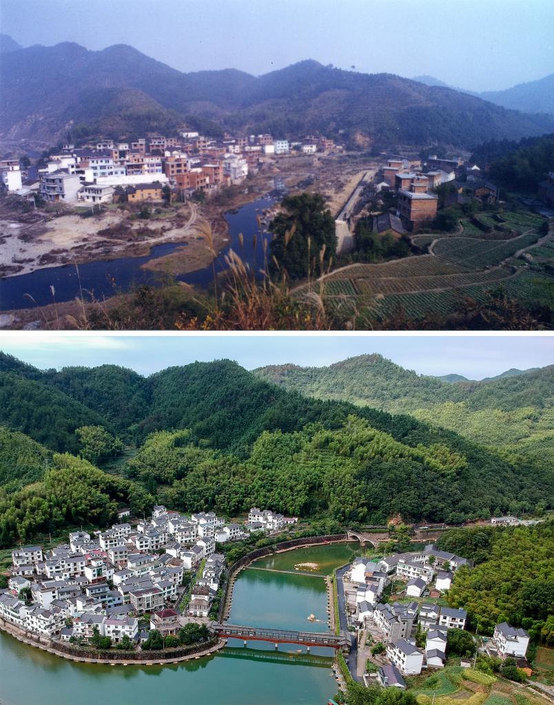 圖為浙江省杭州市淳安縣楓樹嶺鎮(zhèn)下姜村拼版圖，其中上圖為資料照片、下圖由新華社記者張鋮攝。